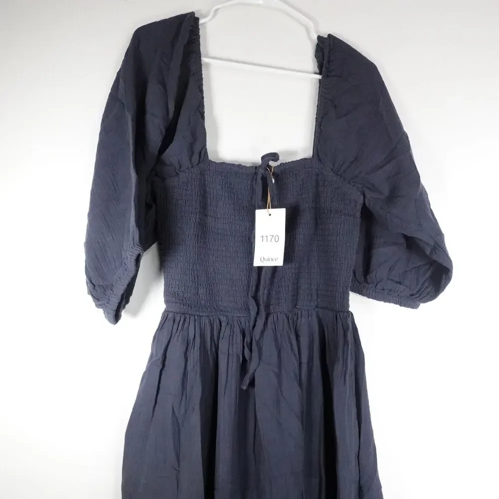 New Quince Small Indigo Blue Organic Cotton Gauze Smocked Square Neck Midi Dress